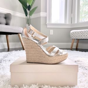 JIMMY CHOO**SOLD**PortoChampagne Silver Leather Espadrille Wedge Sandals 36 💕